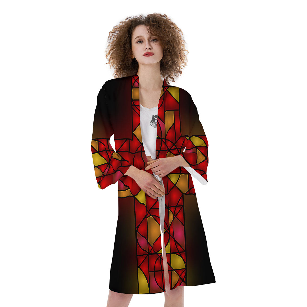 Red And Orange Cross Stained Glass Print Kimono-grizzshop