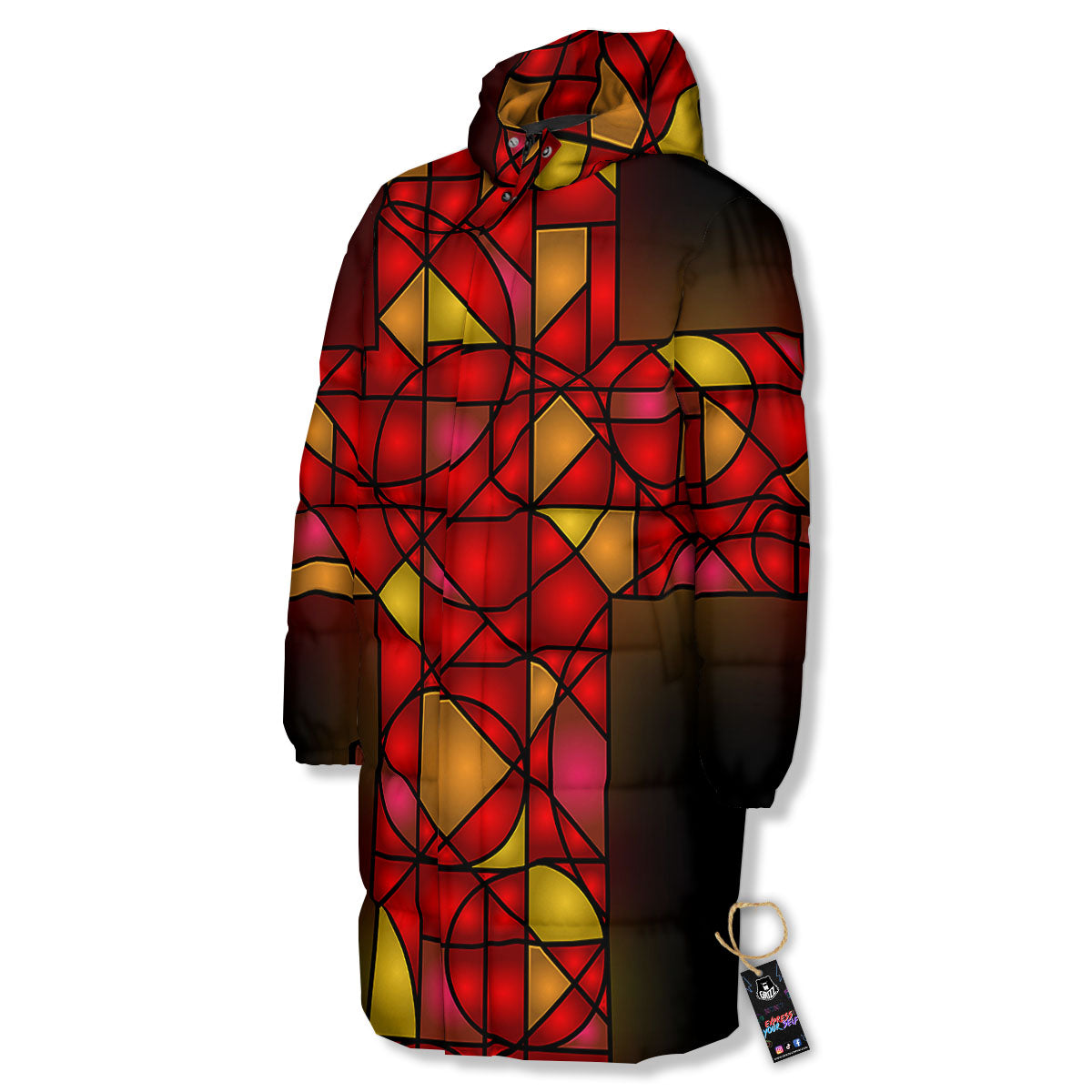 Red And Orange Cross Stained Glass Print Long Down Jacket-grizzshop