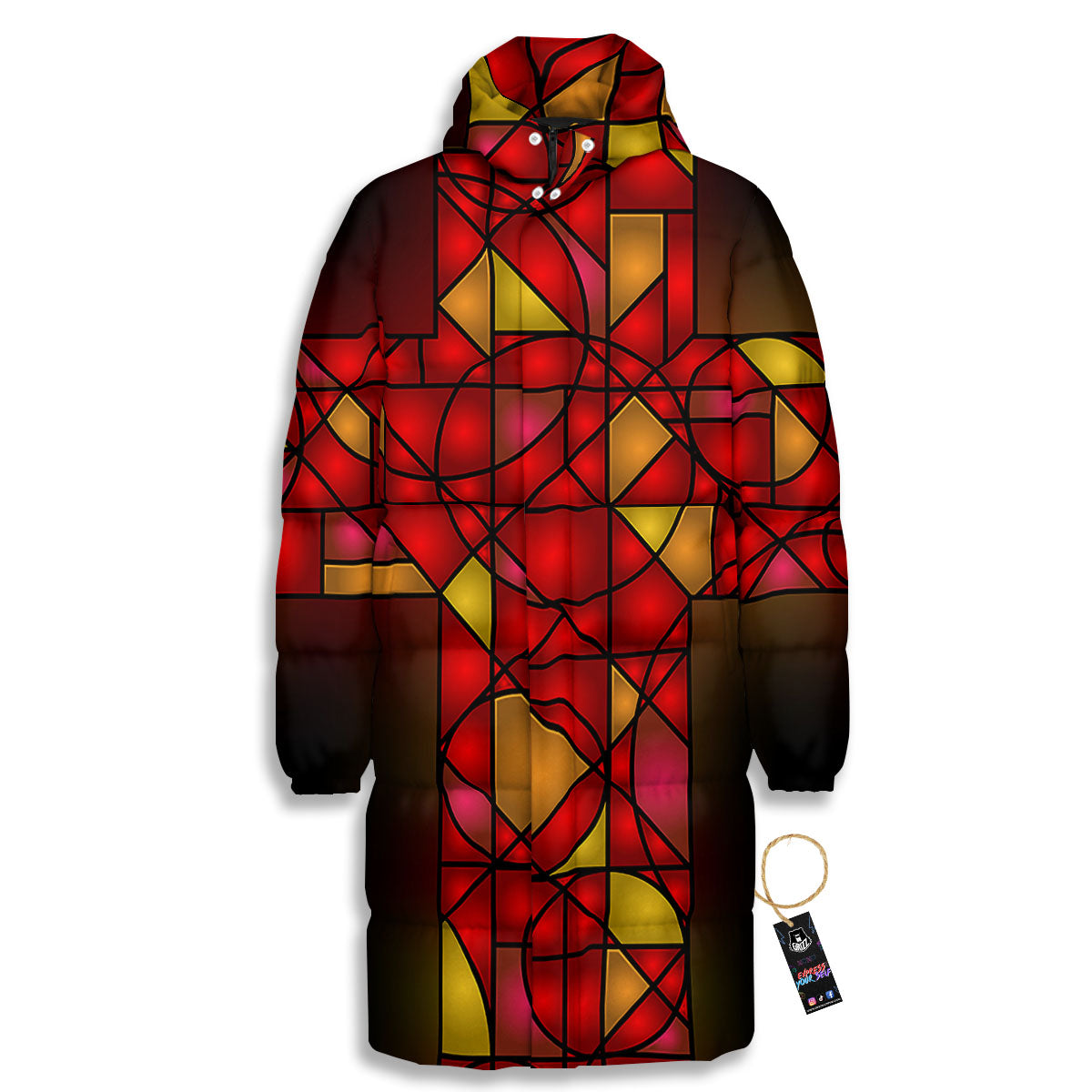 Red And Orange Cross Stained Glass Print Long Down Jacket-grizzshop