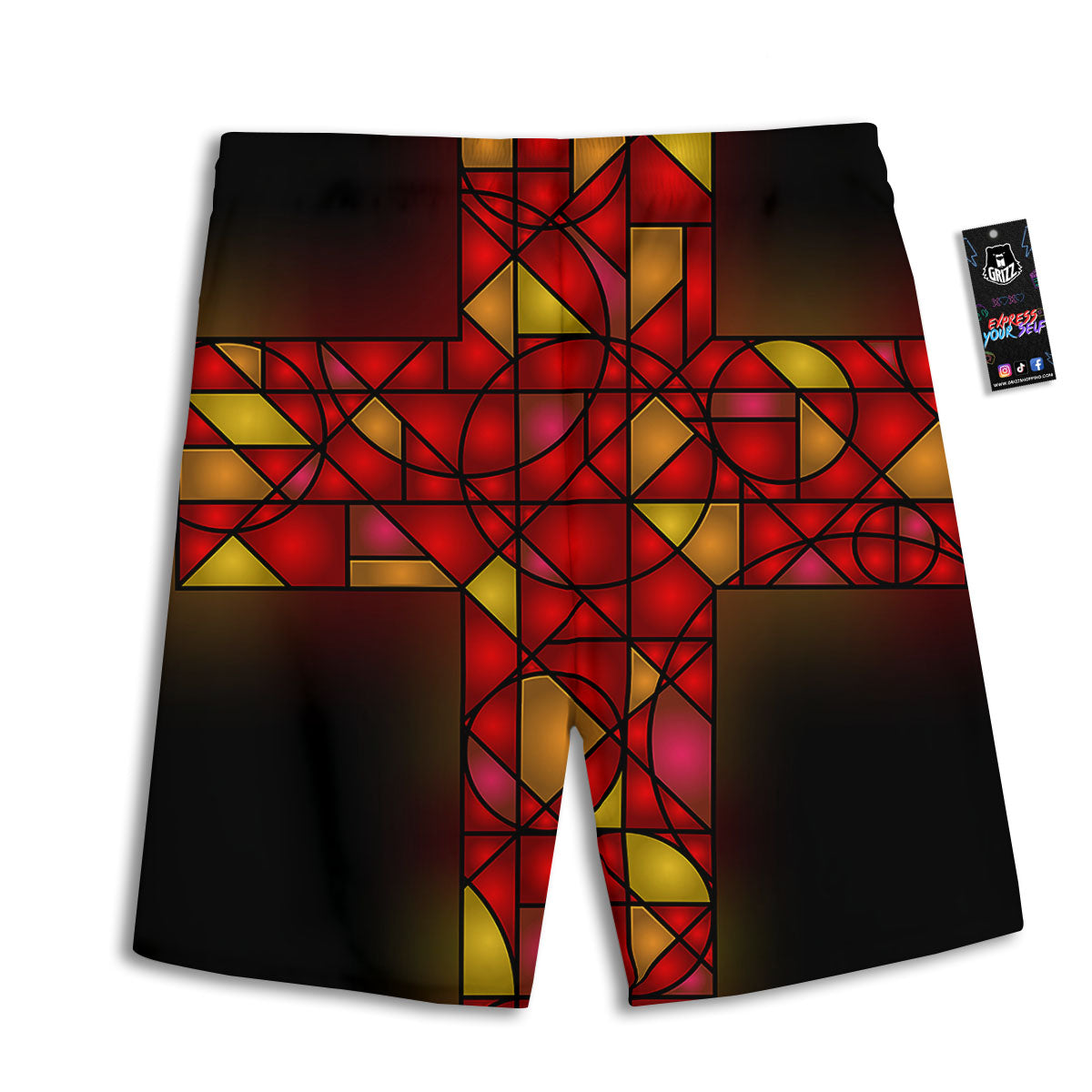 Red And Orange Cross Stained Glass Print Men's Athletic Shorts