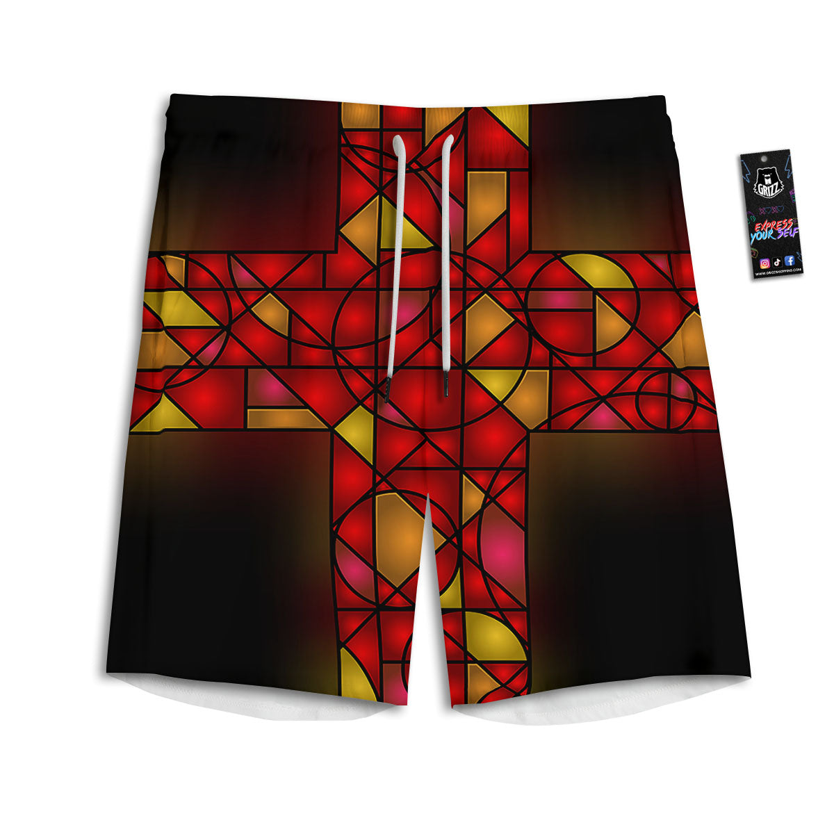 Red And Orange Cross Stained Glass Print Men's Athletic Shorts