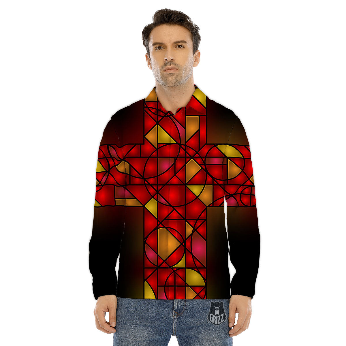 Red And Orange Cross Stained Glass Print Men's Dress Shirts-grizzshop