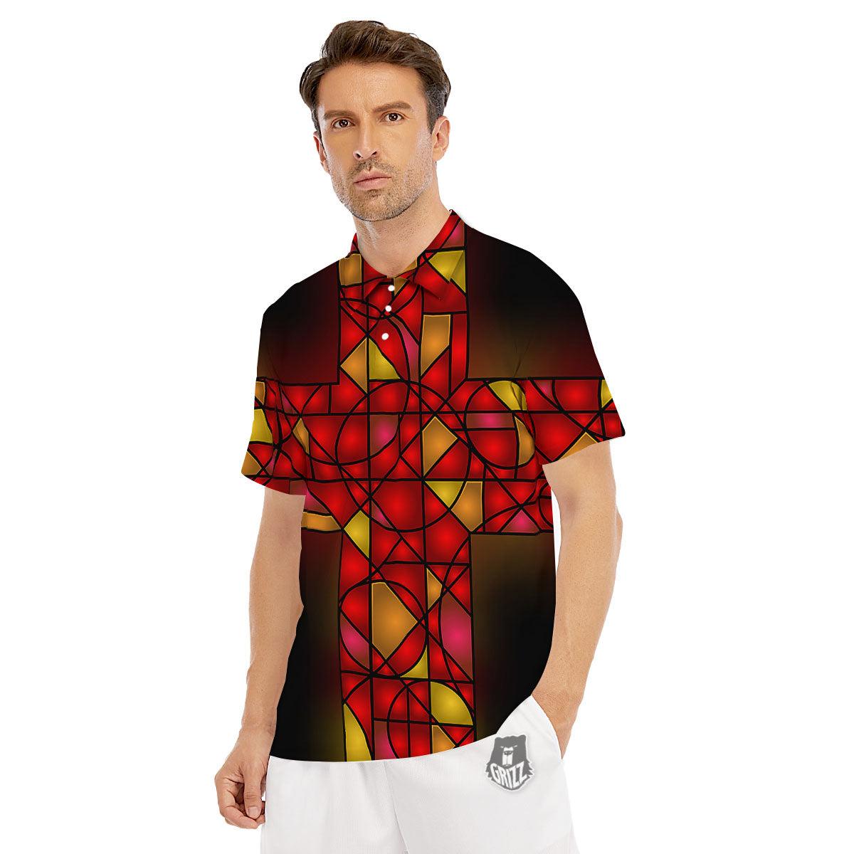 Red And Orange Cross Stained Glass Print Men's Golf Shirts-grizzshop