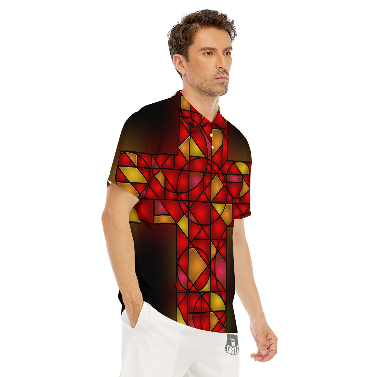 Red And Orange Cross Stained Glass Print Men's Golf Shirts-grizzshop