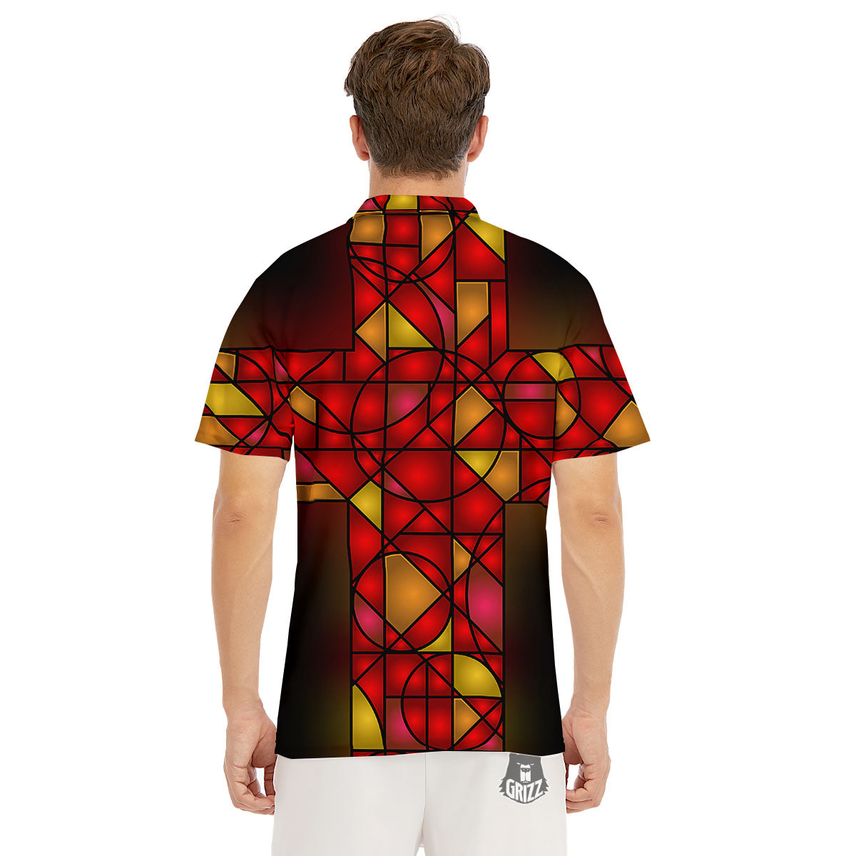 Red And Orange Cross Stained Glass Print Men's Golf Shirts-grizzshop