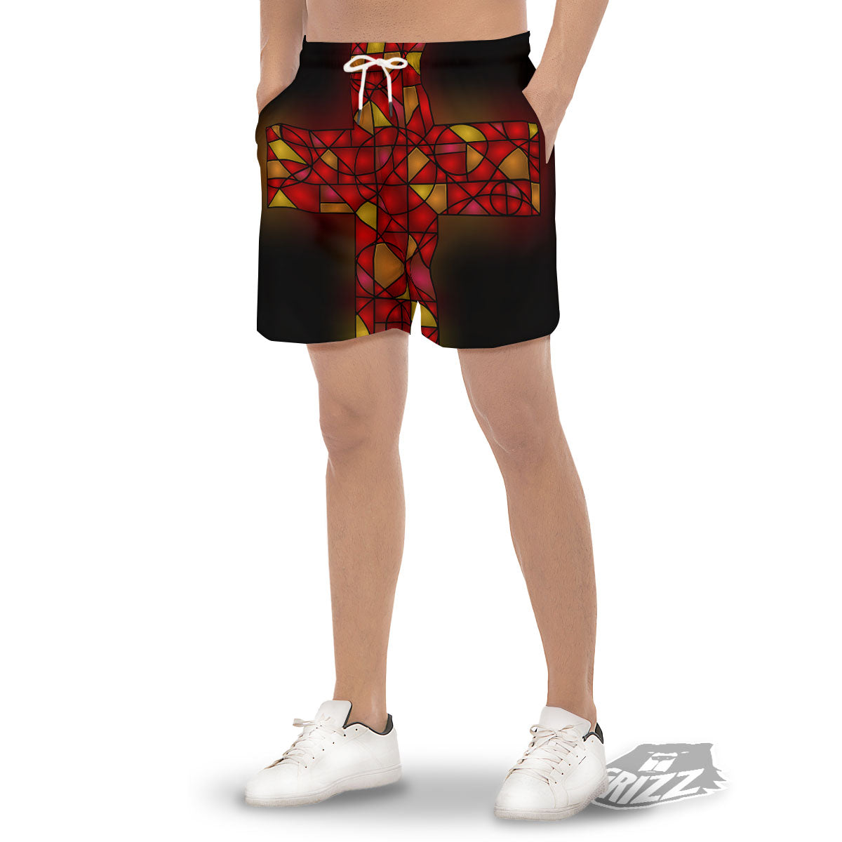 Red And Orange Cross Stained Glass Print Men's Gym Shorts-grizzshop