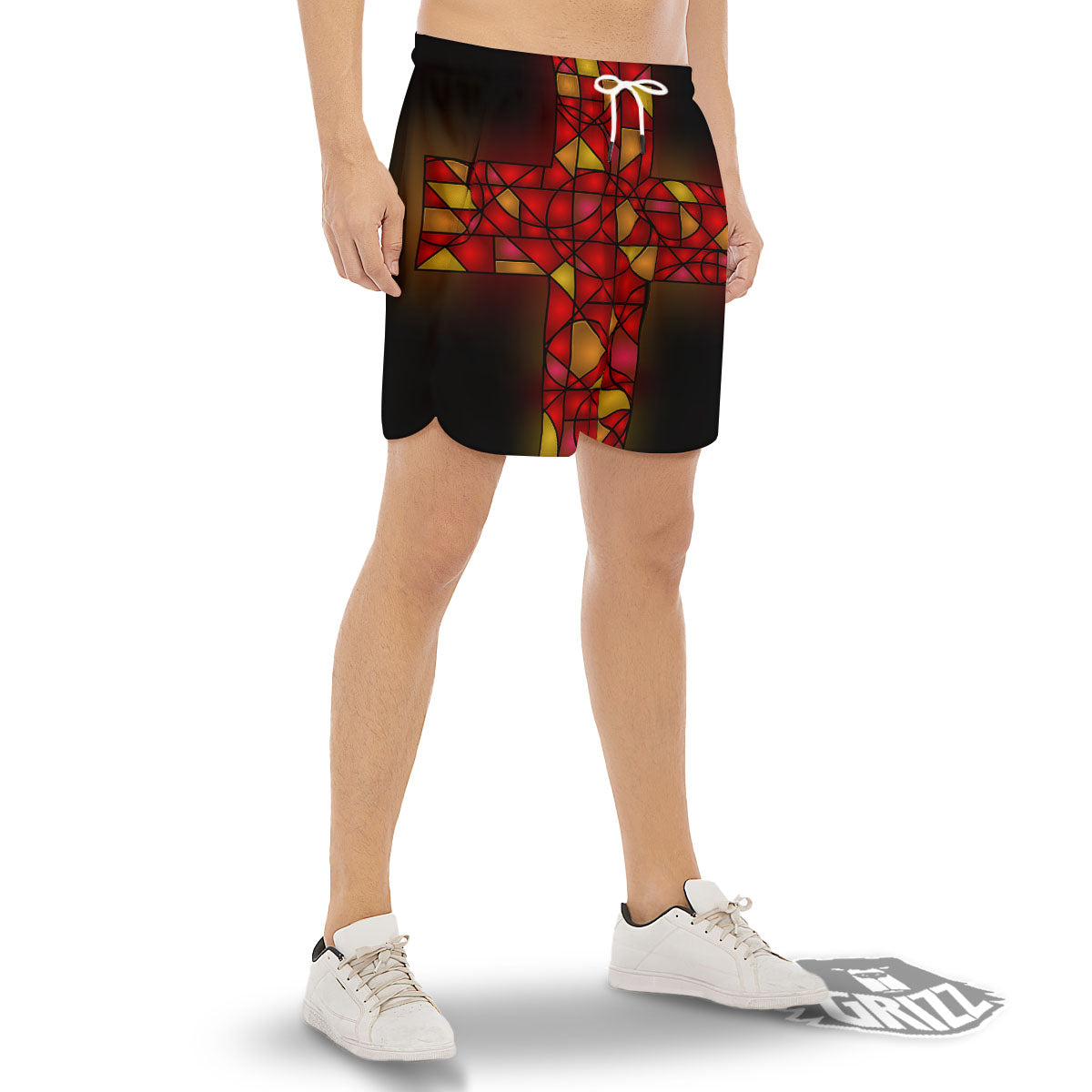 Red And Orange Cross Stained Glass Print Men's Gym Shorts-grizzshop