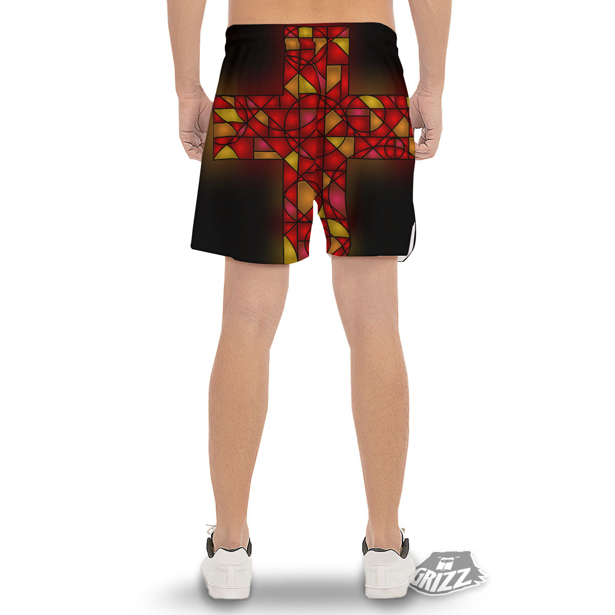 Red And Orange Cross Stained Glass Print Men's Gym Shorts-grizzshop