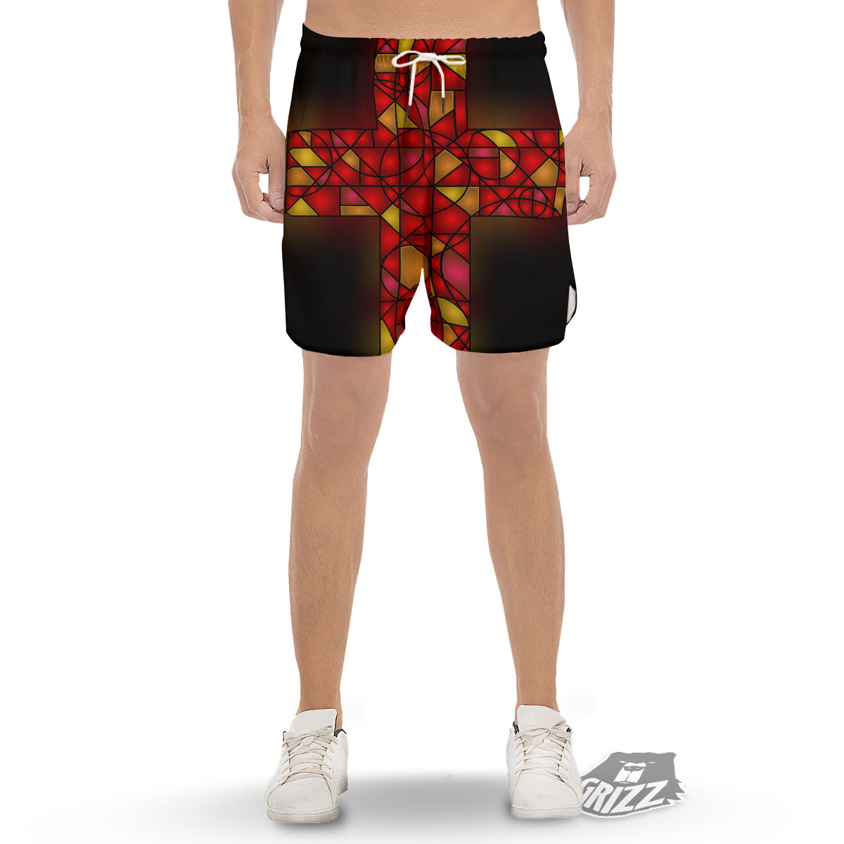 Red And Orange Cross Stained Glass Print Men's Gym Shorts-grizzshop