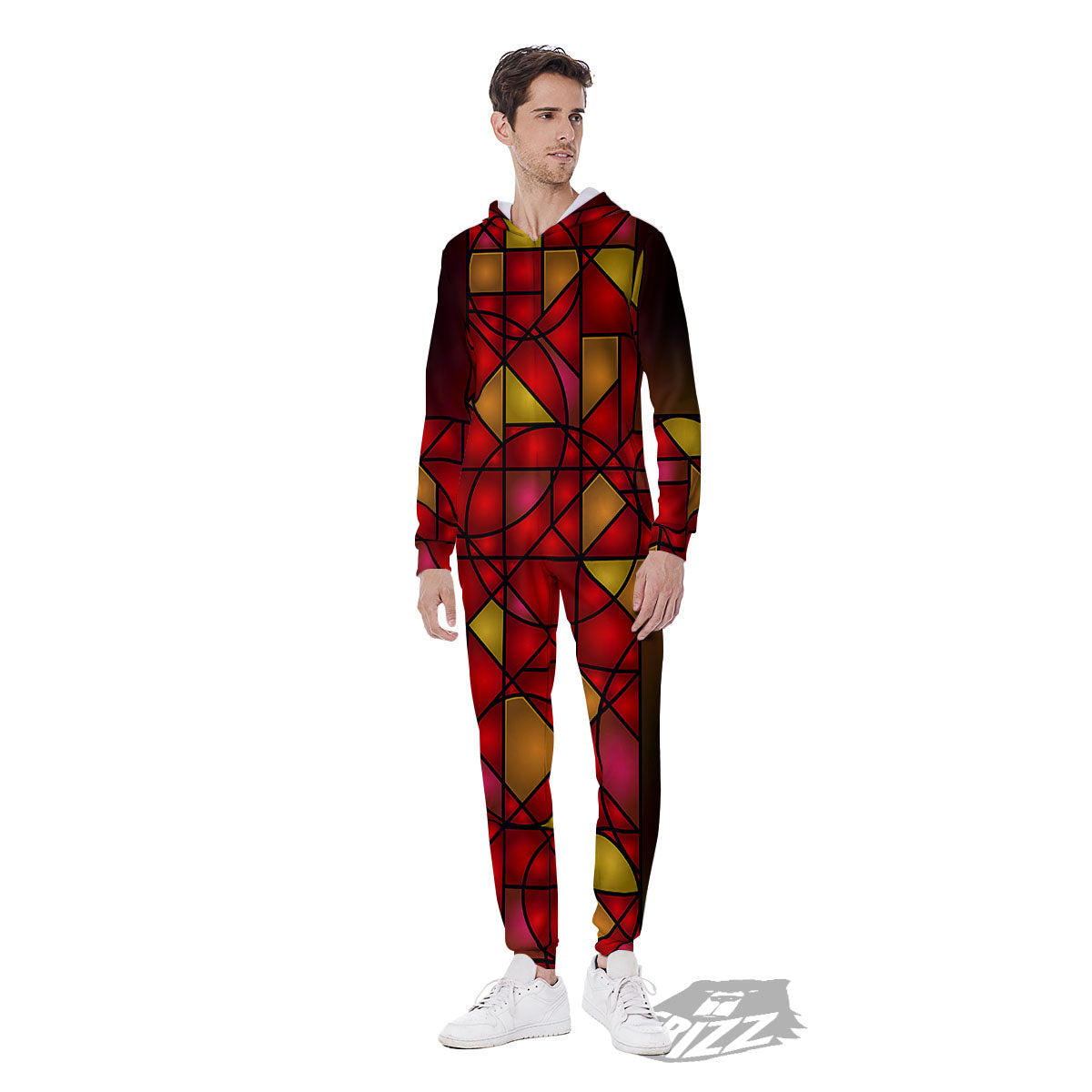Red And Orange Cross Stained Glass Print Men's Jumpsuit-grizzshop