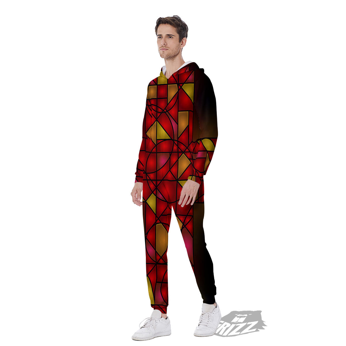 Red And Orange Cross Stained Glass Print Men's Jumpsuit-grizzshop