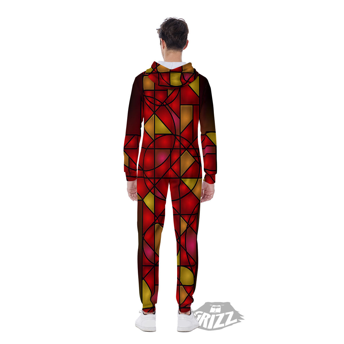 Red And Orange Cross Stained Glass Print Men's Jumpsuit-grizzshop