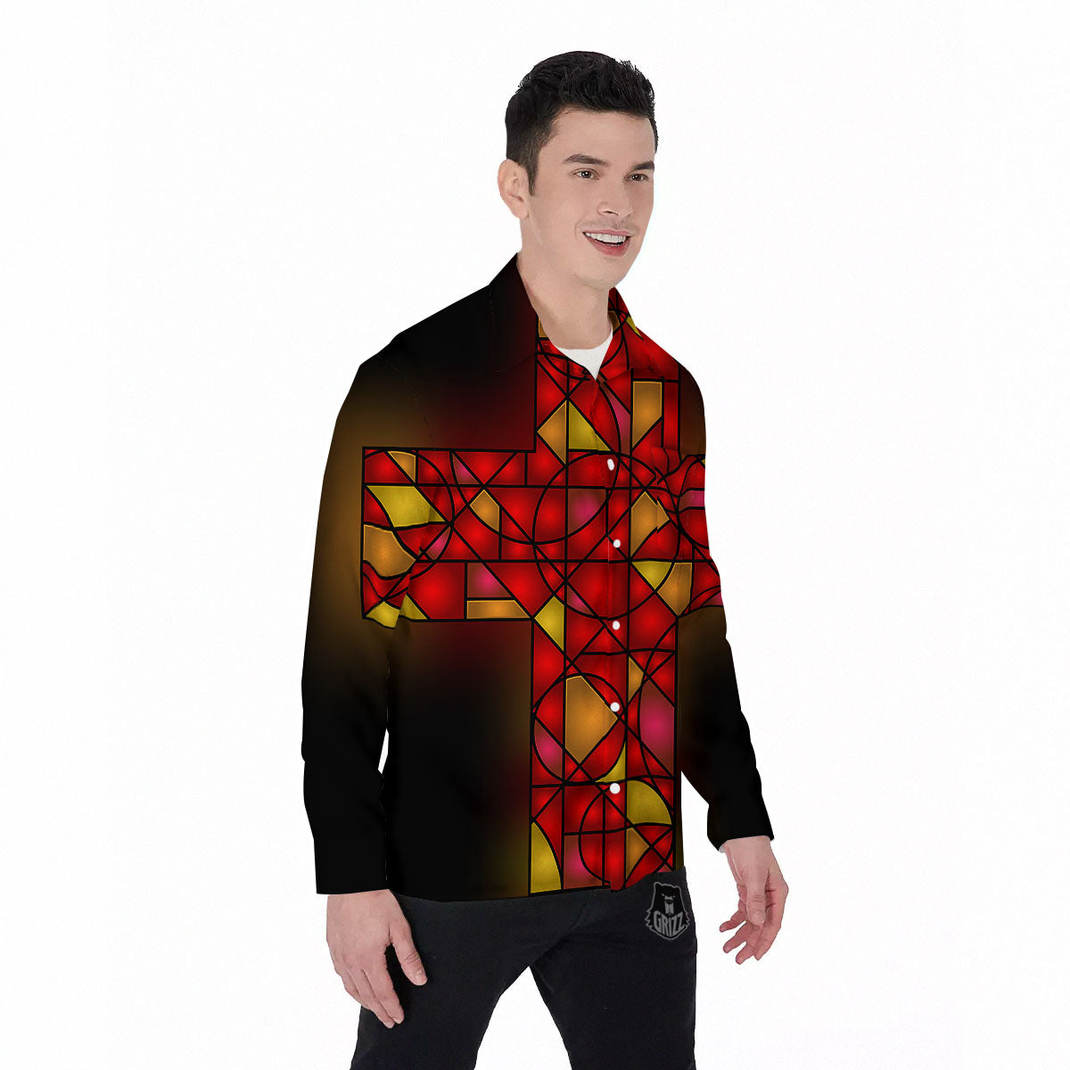 Red And Orange Cross Stained Glass Print Men's Long Sleeve Shirts-grizzshop