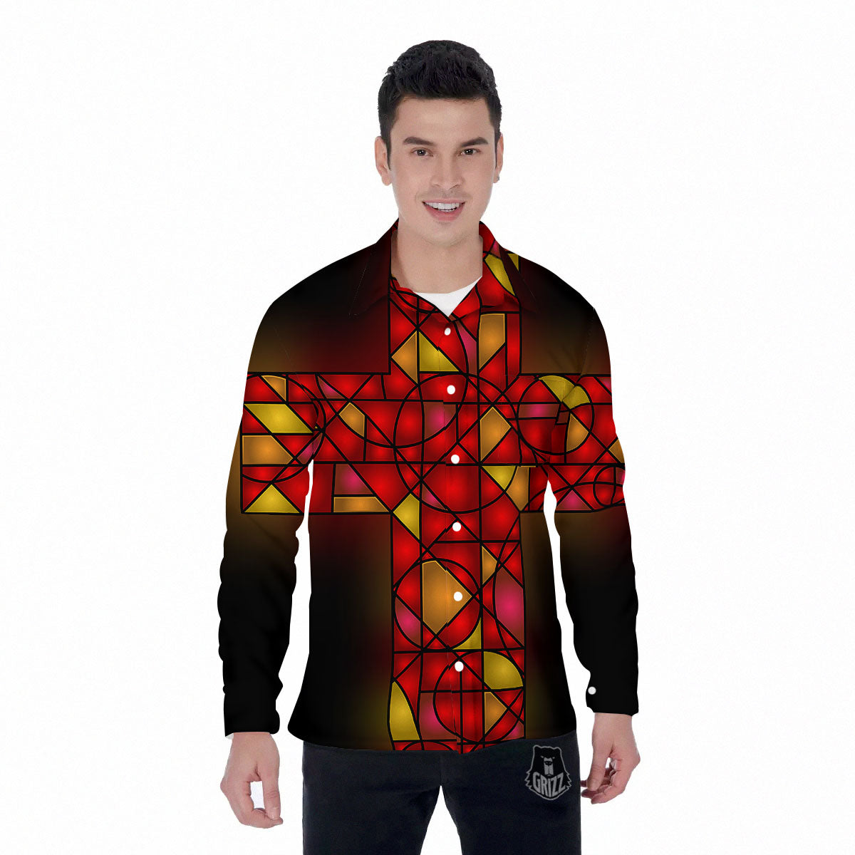 Red And Orange Cross Stained Glass Print Men's Long Sleeve Shirts-grizzshop