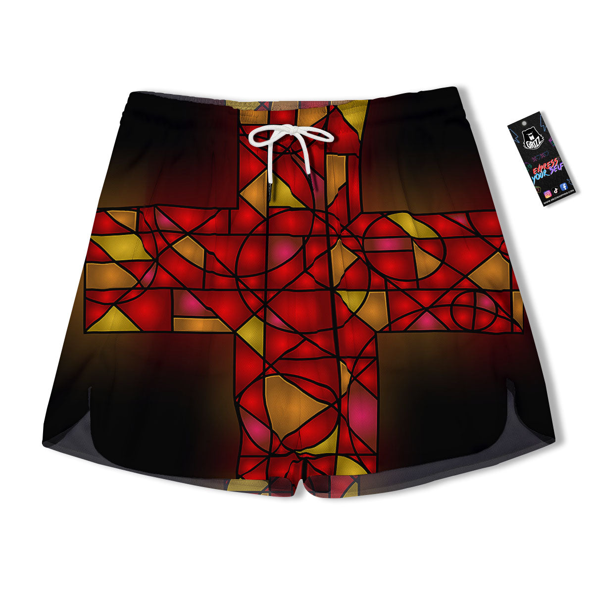 Red And Orange Cross Stained Glass Print Men's Running Shorts-grizzshop