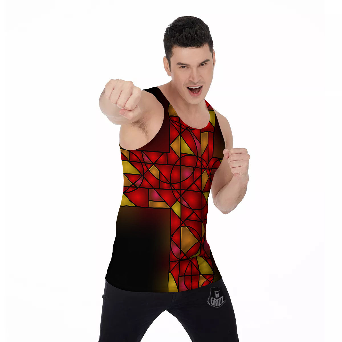 Red And Orange Cross Stained Glass Print Men's Tank Top-grizzshop