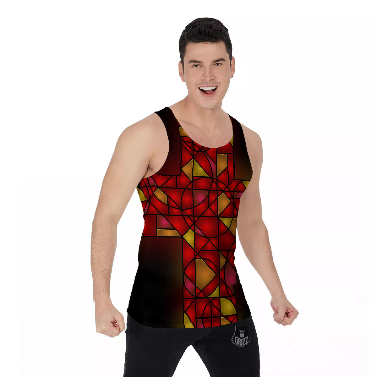 Red And Orange Cross Stained Glass Print Men's Tank Top-grizzshop