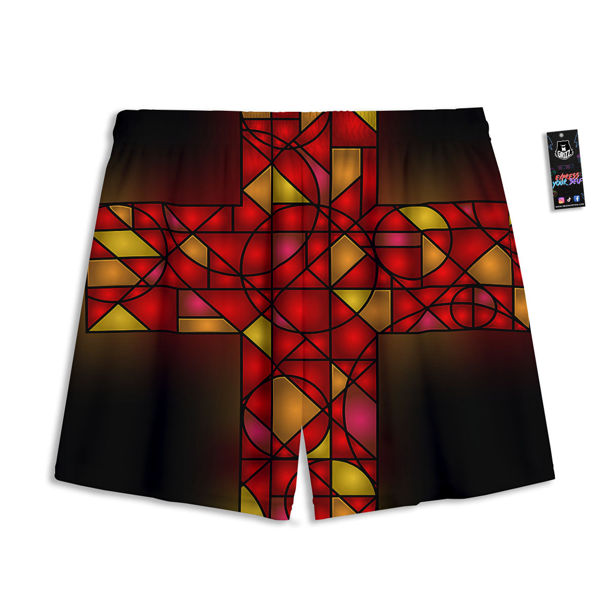 Red And Orange Cross Stained Glass Print Mesh Shorts