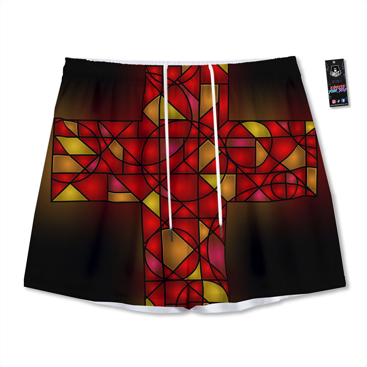 Red And Orange Cross Stained Glass Print Mesh Shorts