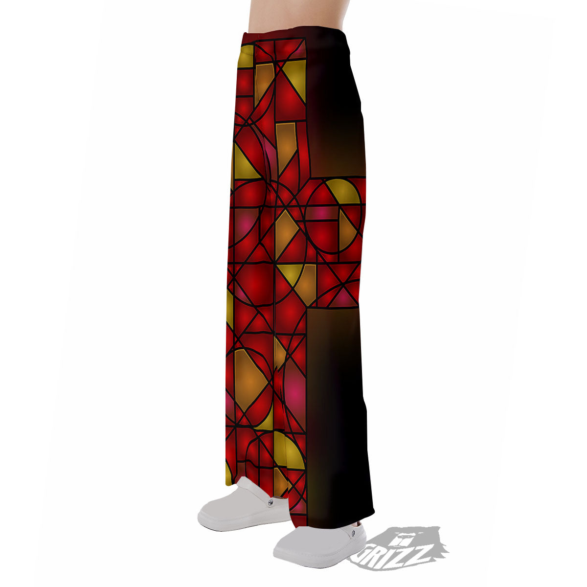 Red And Orange Cross Stained Glass Print Pajama Pants-grizzshop