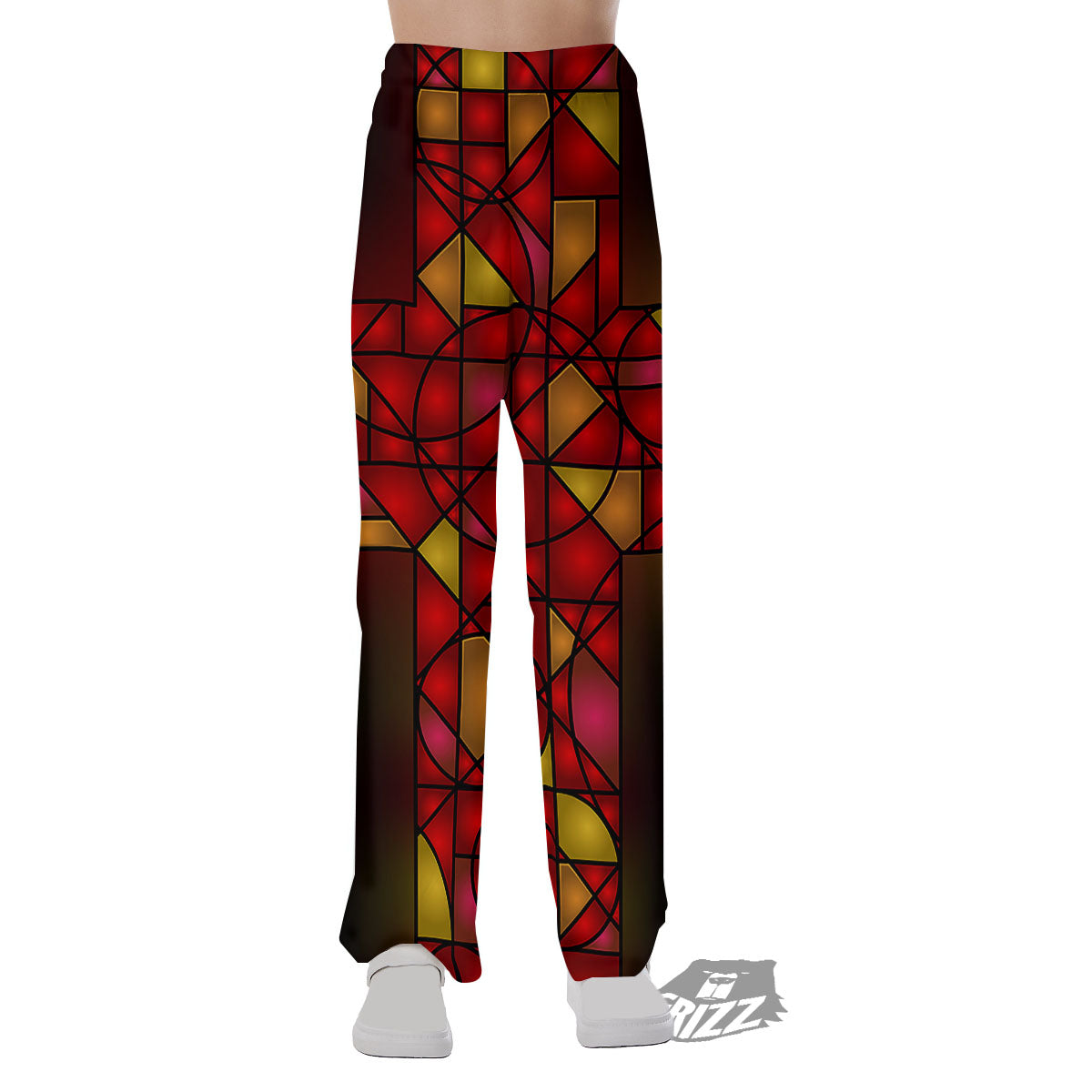 Red And Orange Cross Stained Glass Print Pajama Pants-grizzshop