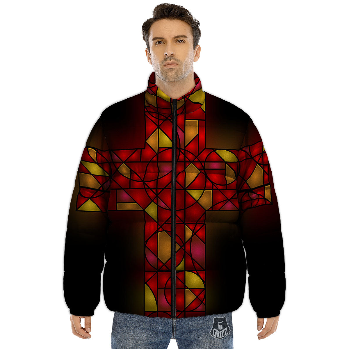Red And Orange Cross Stained Glass Print Puffer Jacket-grizzshop
