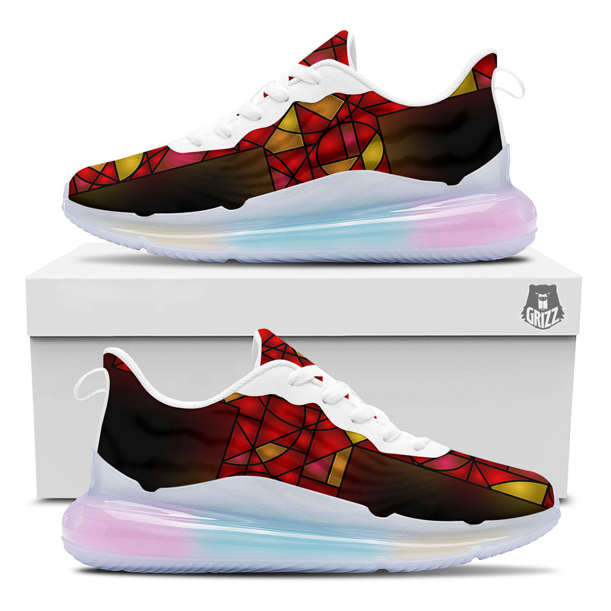 Red And Orange Cross Stained Glass Print Running Sneakers-grizzshop