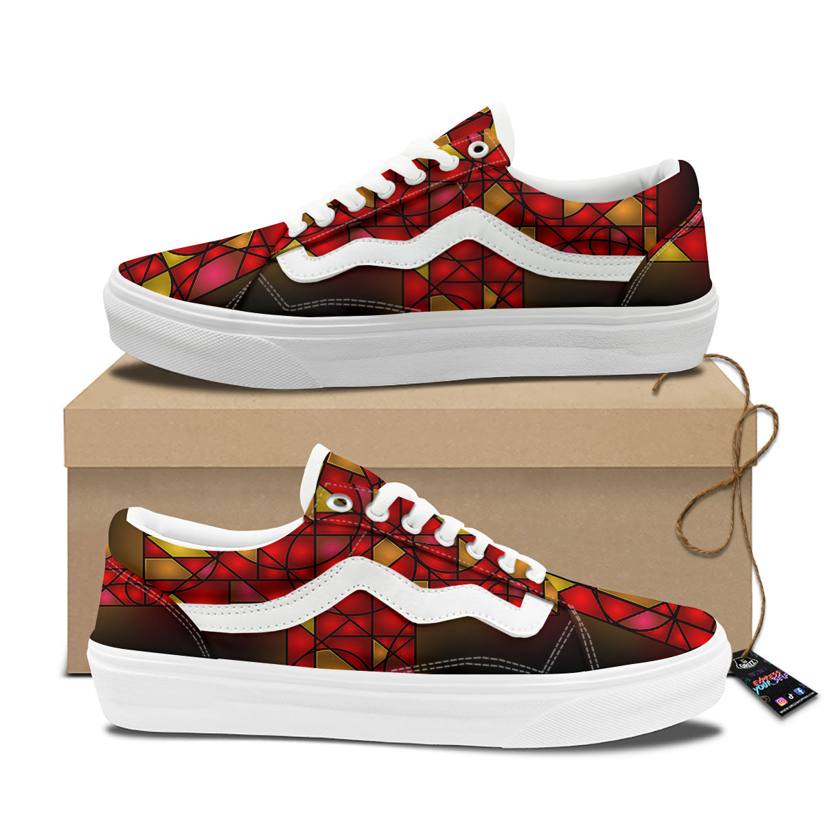 Red And Orange Cross Stained Glass Print Skate Shoes-grizzshop