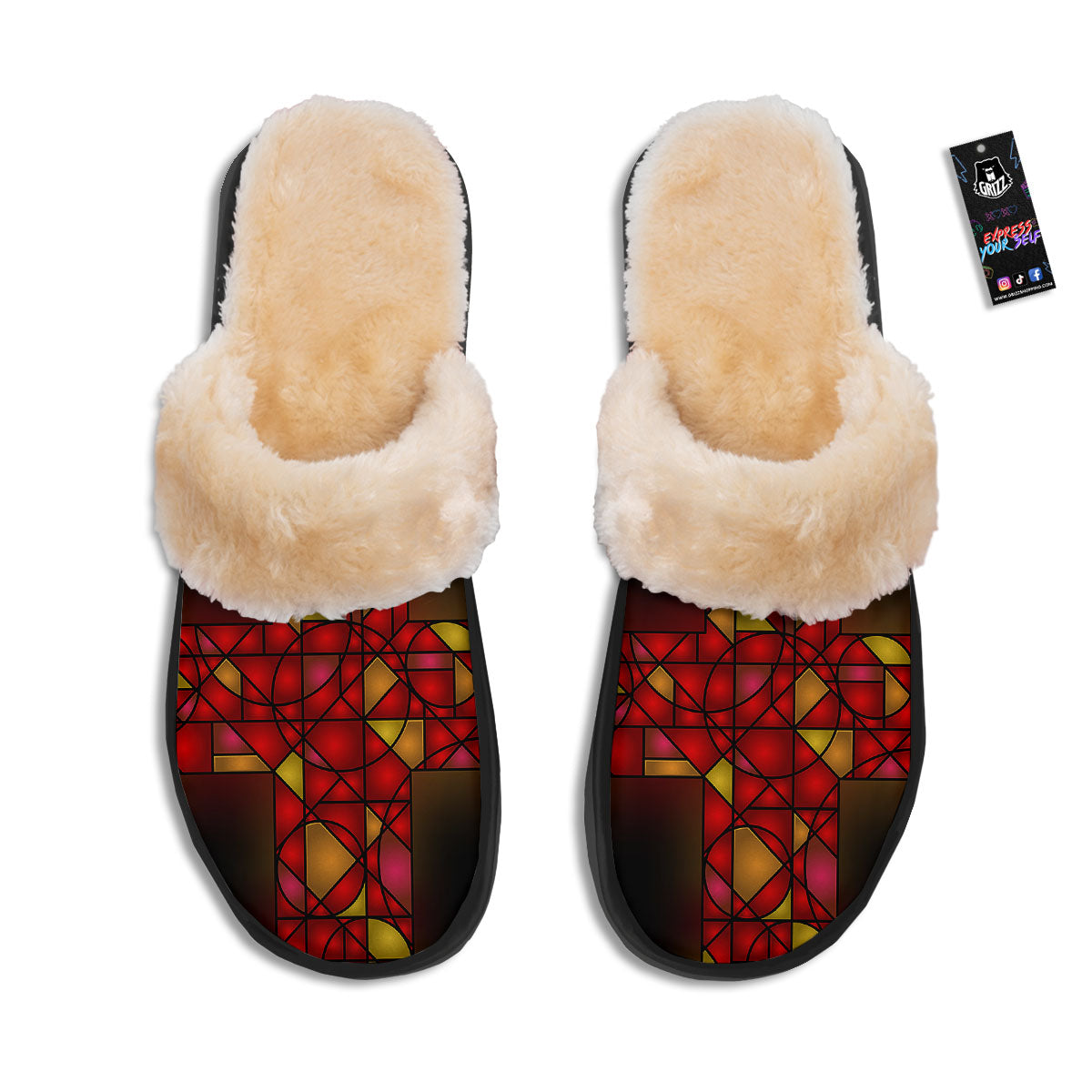 Red And Orange Cross Stained Glass Print Slippers-grizzshop