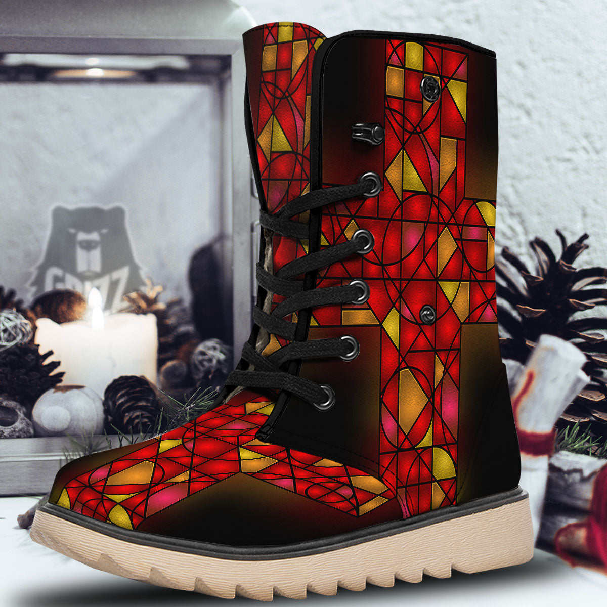 Red And Orange Cross Stained Glass Print Snow Boots-grizzshop