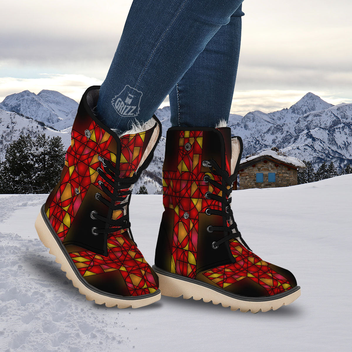Red And Orange Cross Stained Glass Print Snow Boots-grizzshop