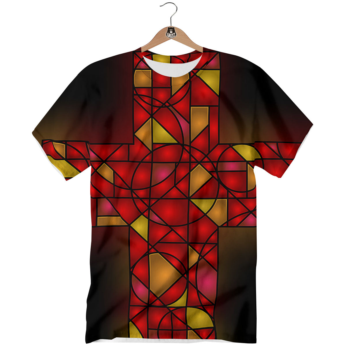Red And Orange Cross Stained Glass Print T-Shirt-grizzshop