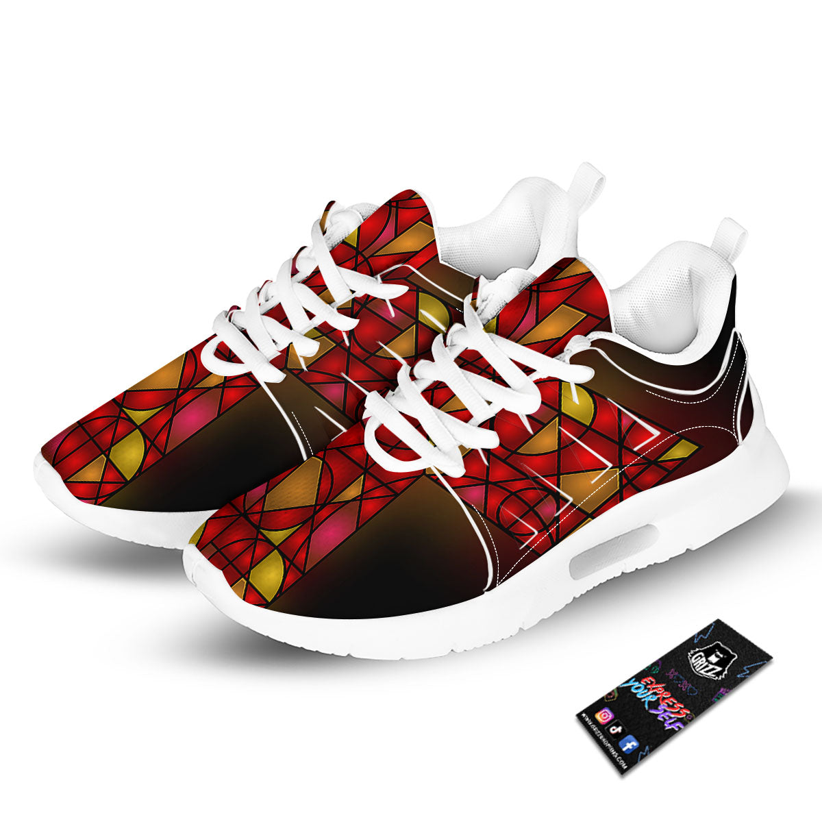 Red And Orange Cross Stained Glass Print Tennis Shoes-grizzshop