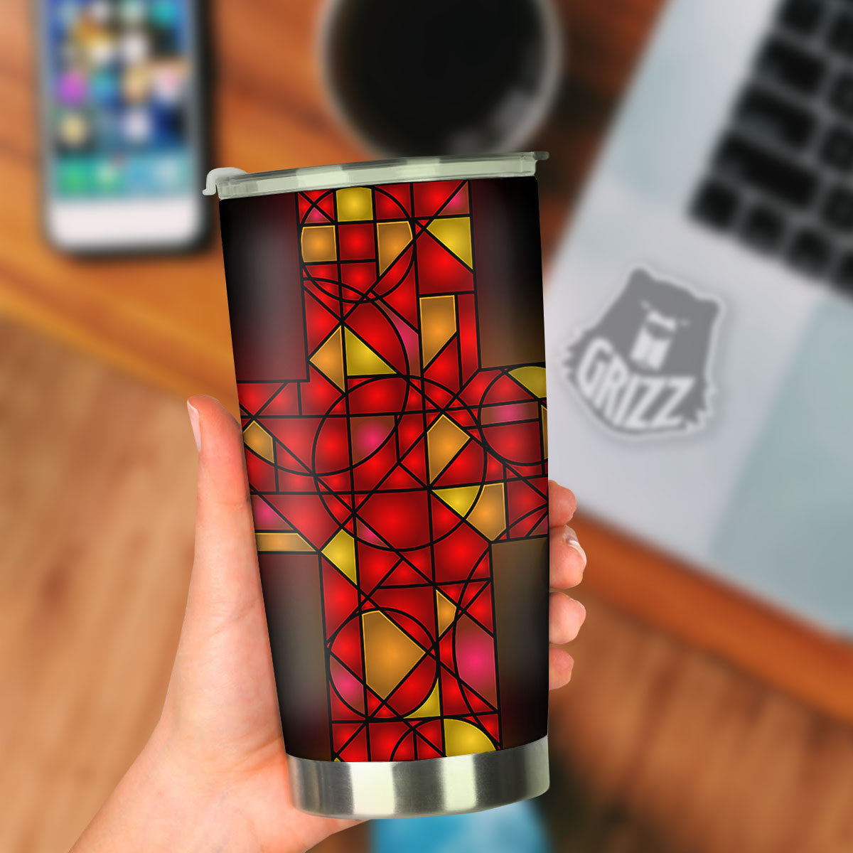 Red And Orange Cross Stained Glass Print Tumbler-grizzshop