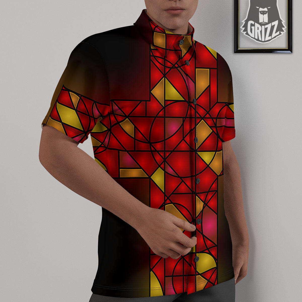 Red And Orange Cross Stained Glass Print Untucked Shirts-grizzshop