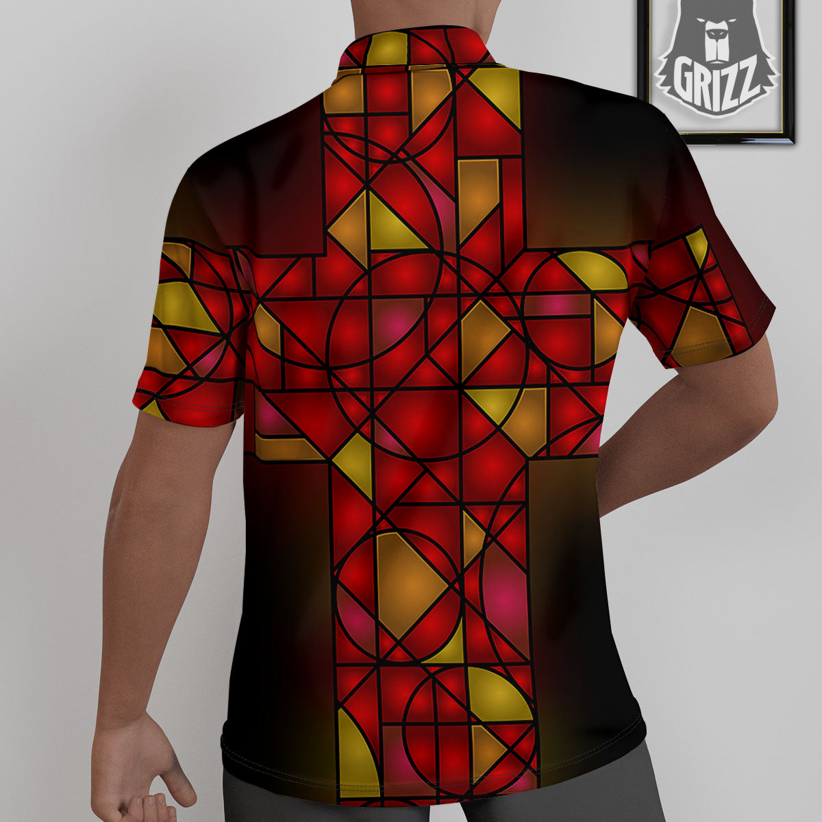 Red And Orange Cross Stained Glass Print Untucked Shirts-grizzshop