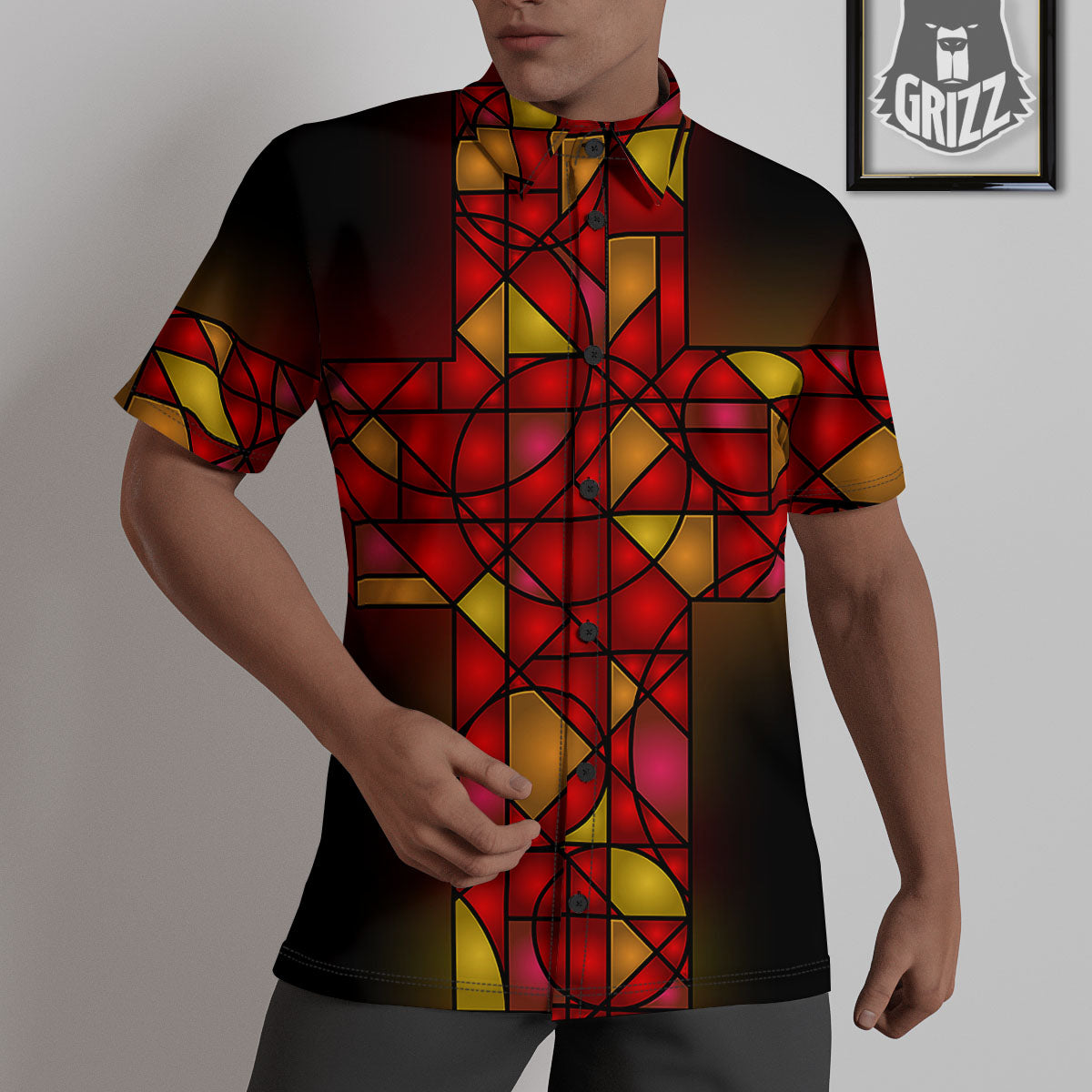 Red And Orange Cross Stained Glass Print Untucked Shirts-grizzshop