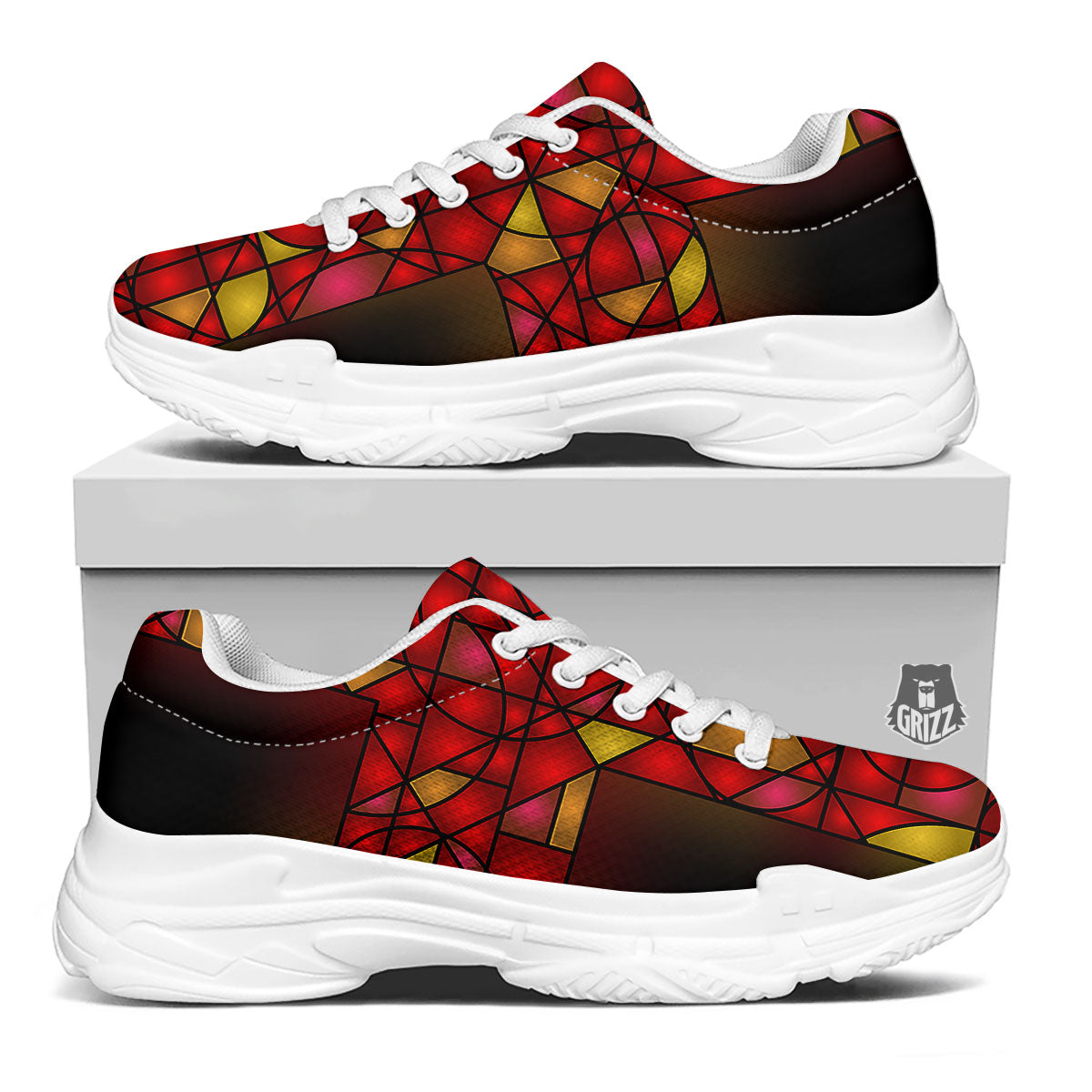 Red And Orange Cross Stained Glass Print White Chunky Shoes-grizzshop