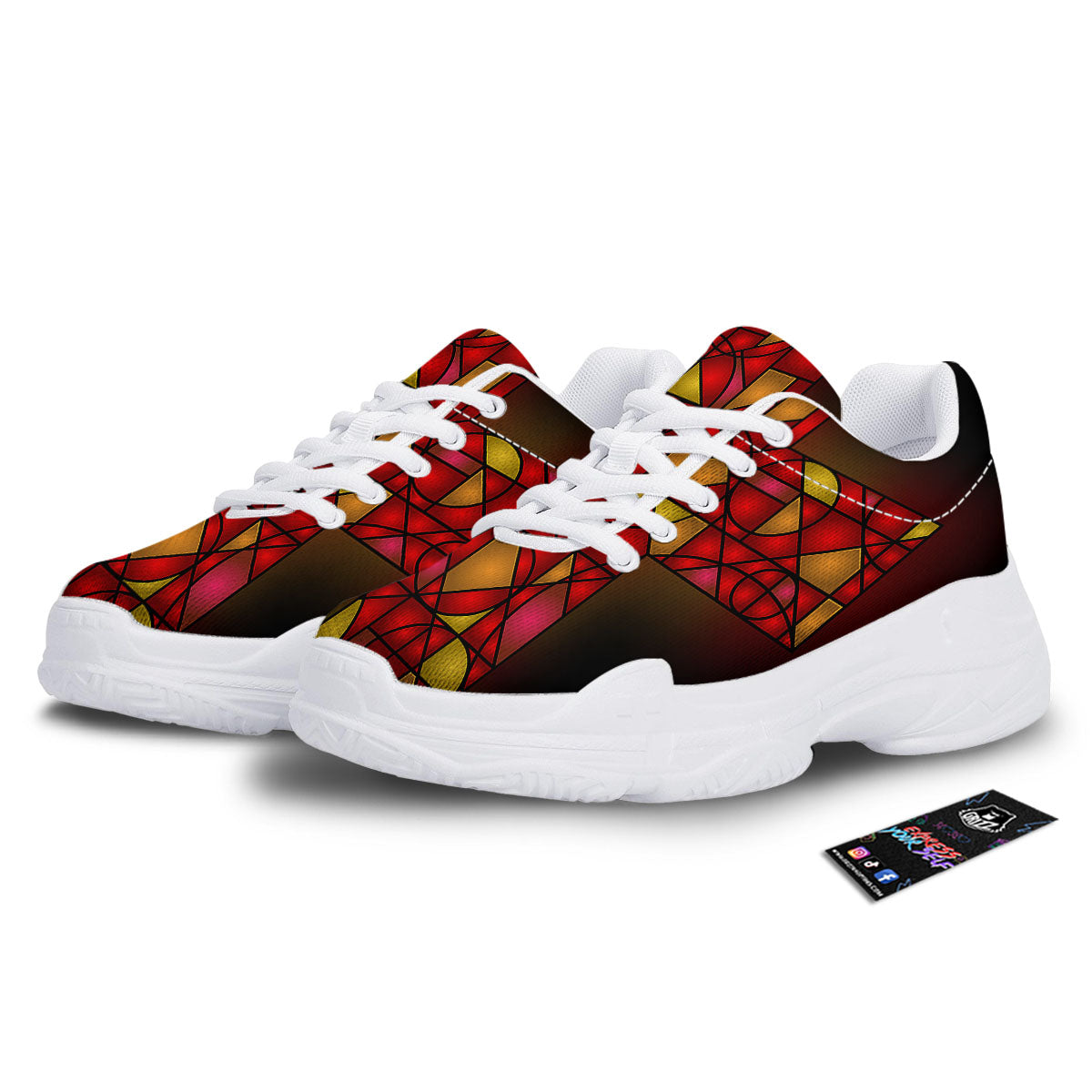 Red And Orange Cross Stained Glass Print White Chunky Shoes-grizzshop