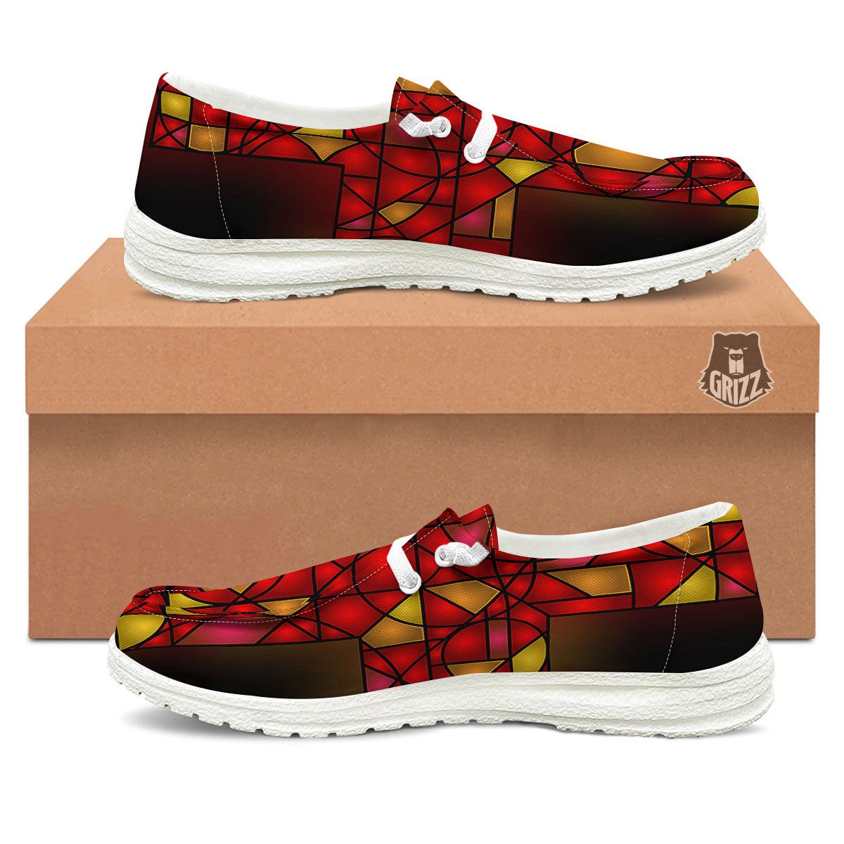 Red And Orange Cross Stained Glass Print White Loafers-grizzshop