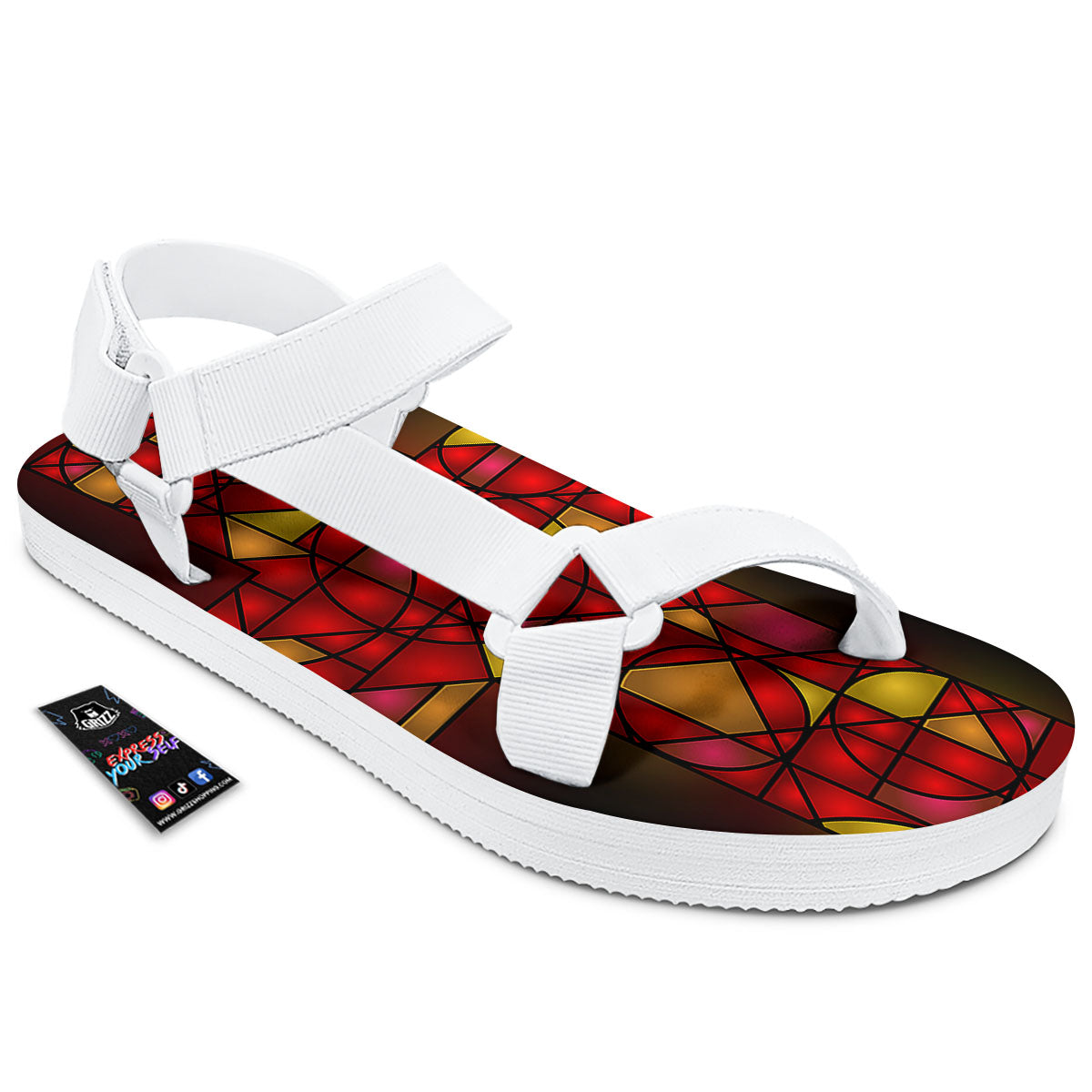 Red And Orange Cross Stained Glass Print White Open Toe Sandals-grizzshop