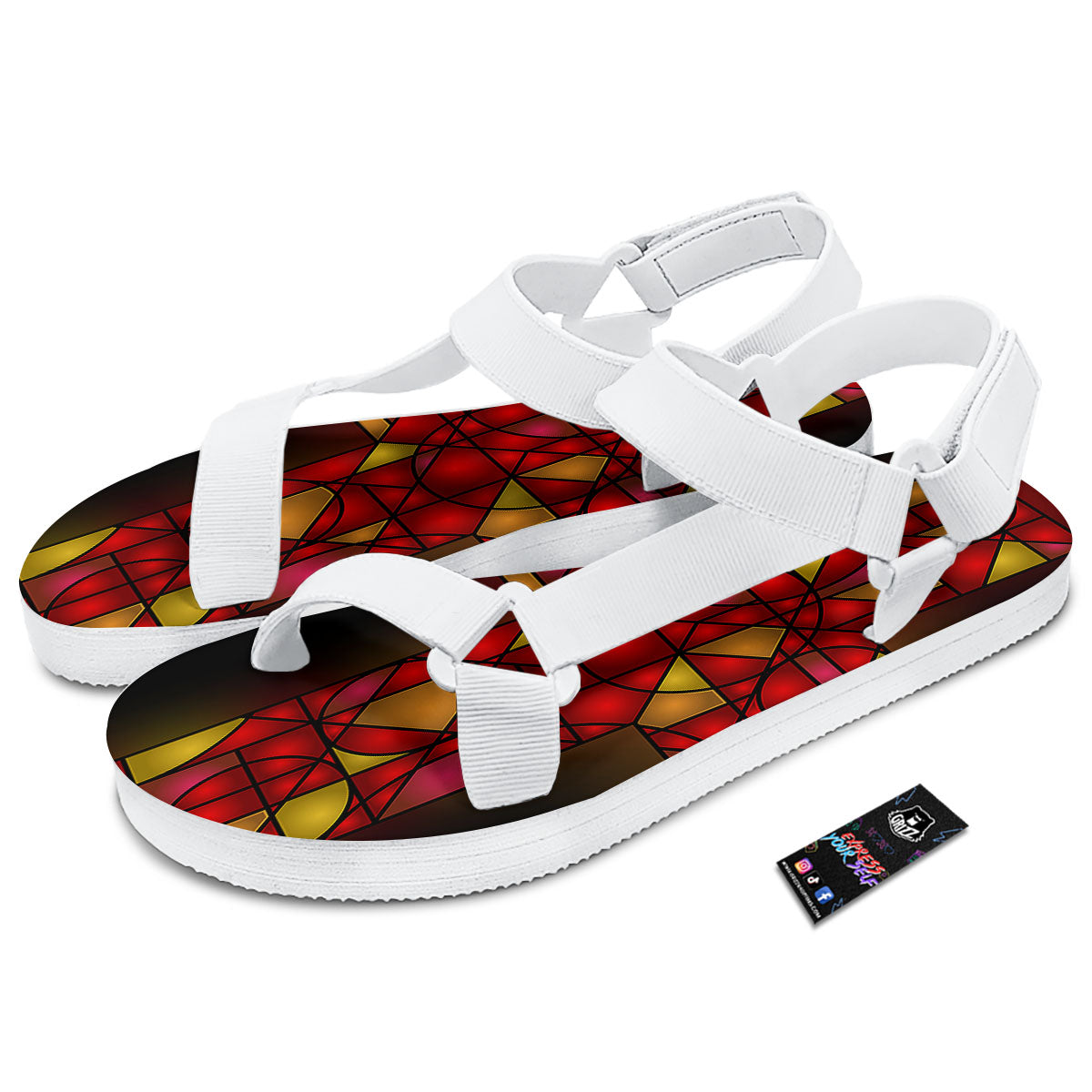 Red And Orange Cross Stained Glass Print White Open Toe Sandals-grizzshop