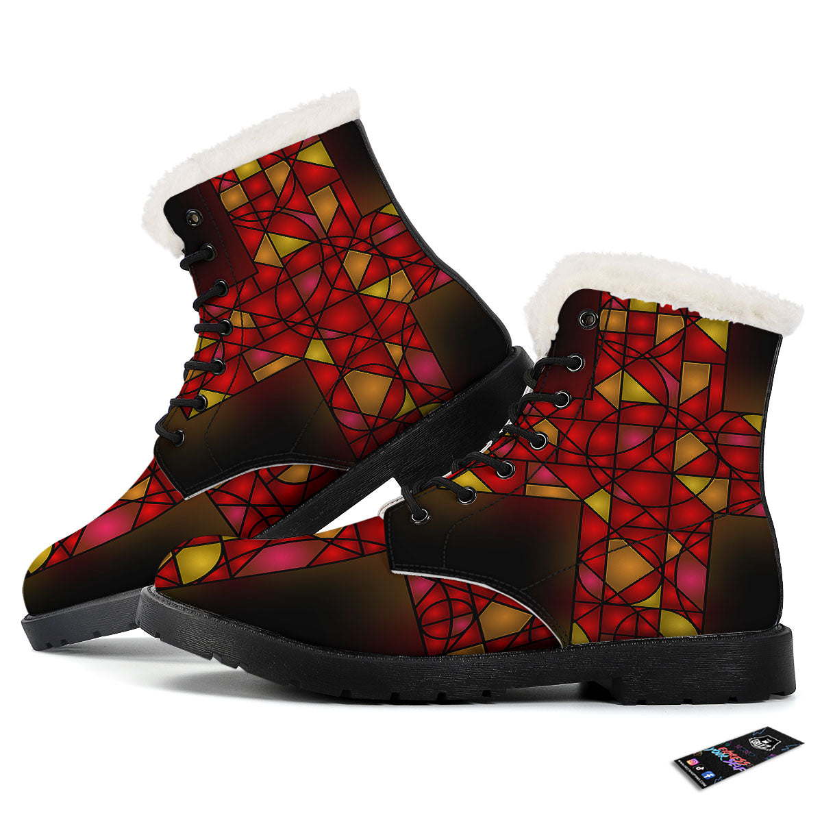Red And Orange Cross Stained Glass Print Winter Boots-grizzshop