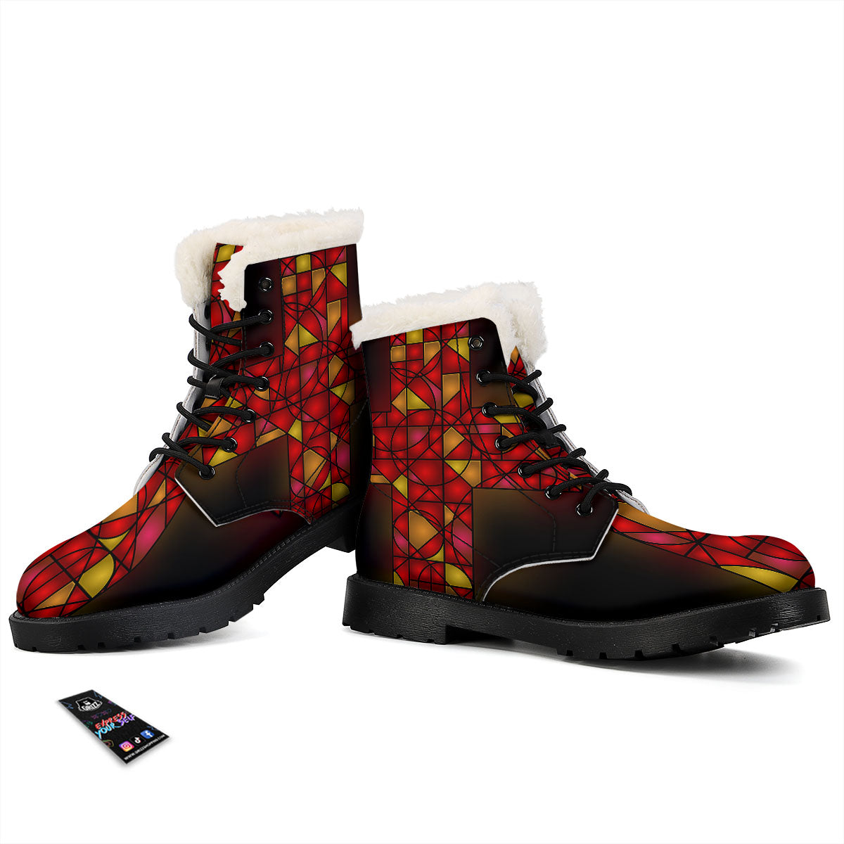 Red And Orange Cross Stained Glass Print Winter Boots-grizzshop
