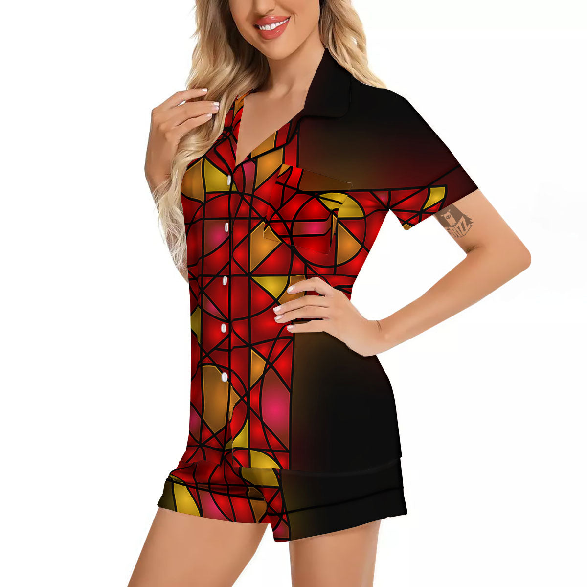 Red And Orange Cross Stained Glass Print Women Silk Pajamas-grizzshop