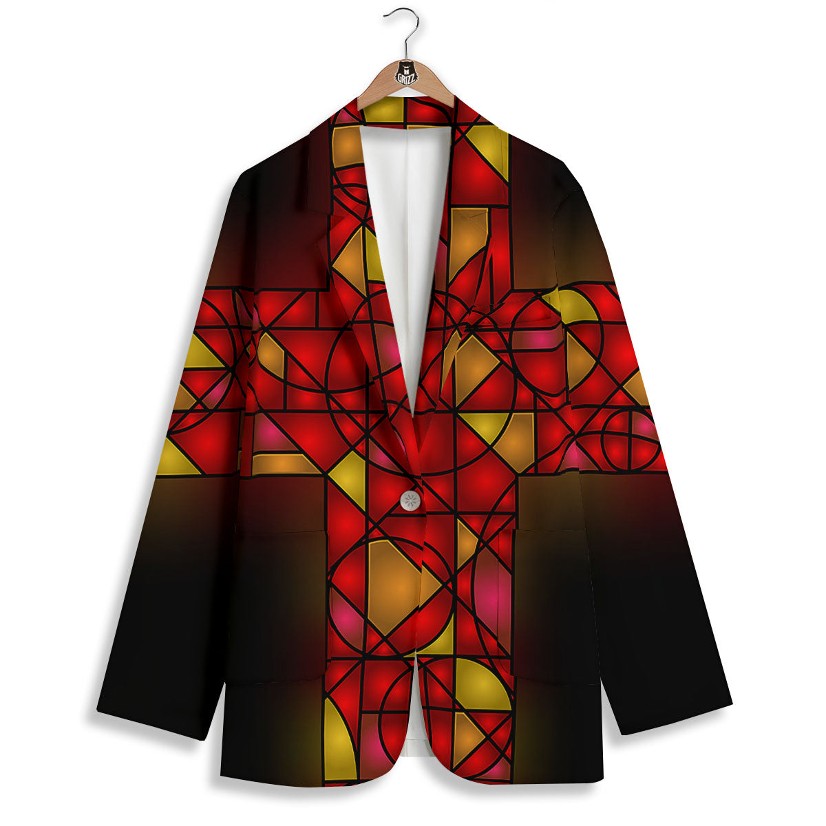 Red And Orange Cross Stained Glass Print Women's Blazer-grizzshop