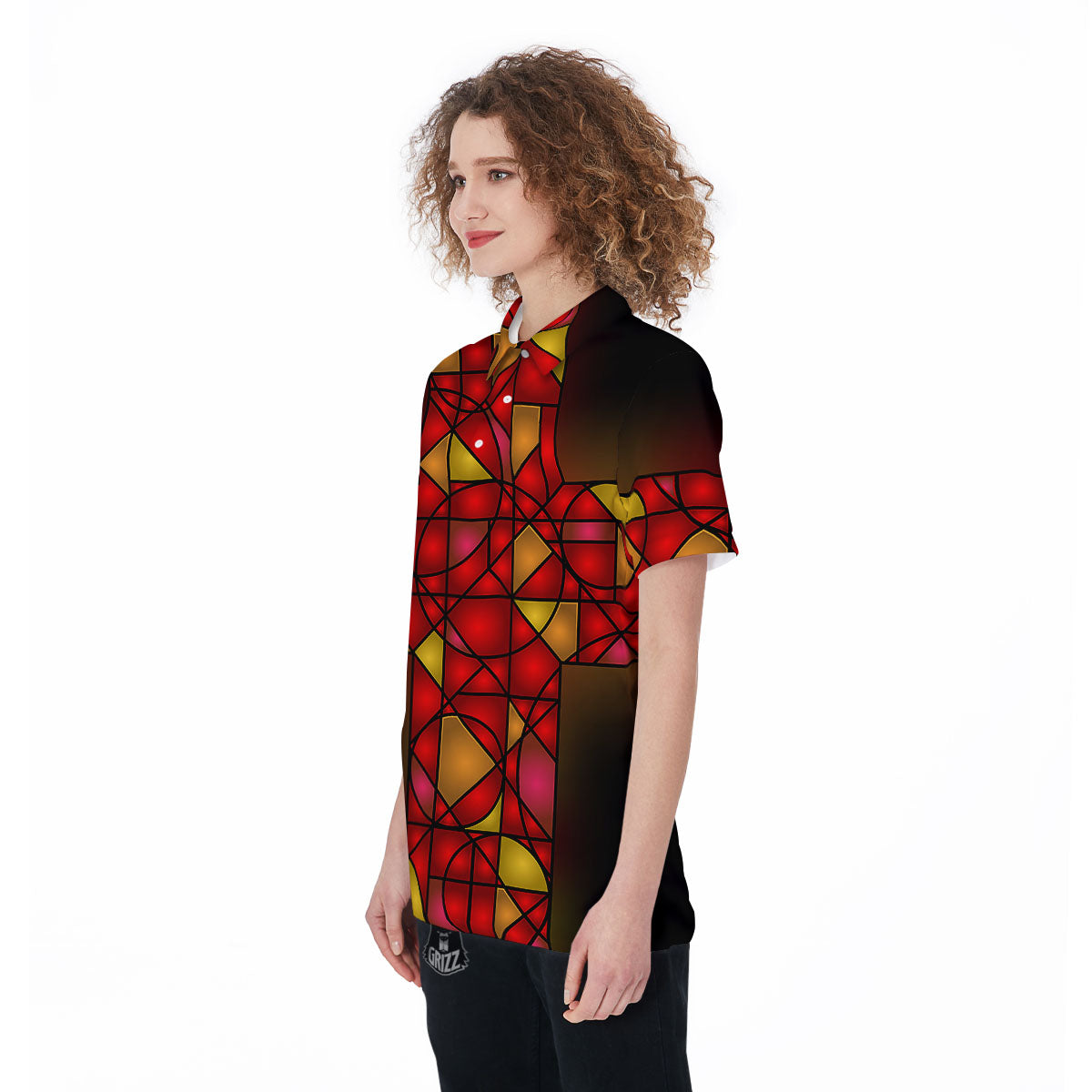 Red And Orange Cross Stained Glass Print Women's Golf Shirts-grizzshop