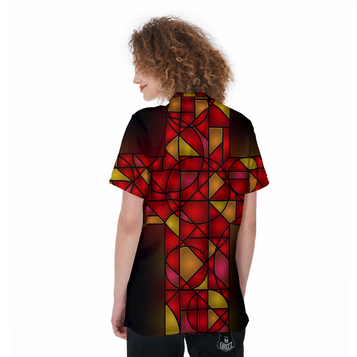 Red And Orange Cross Stained Glass Print Women's Golf Shirts-grizzshop