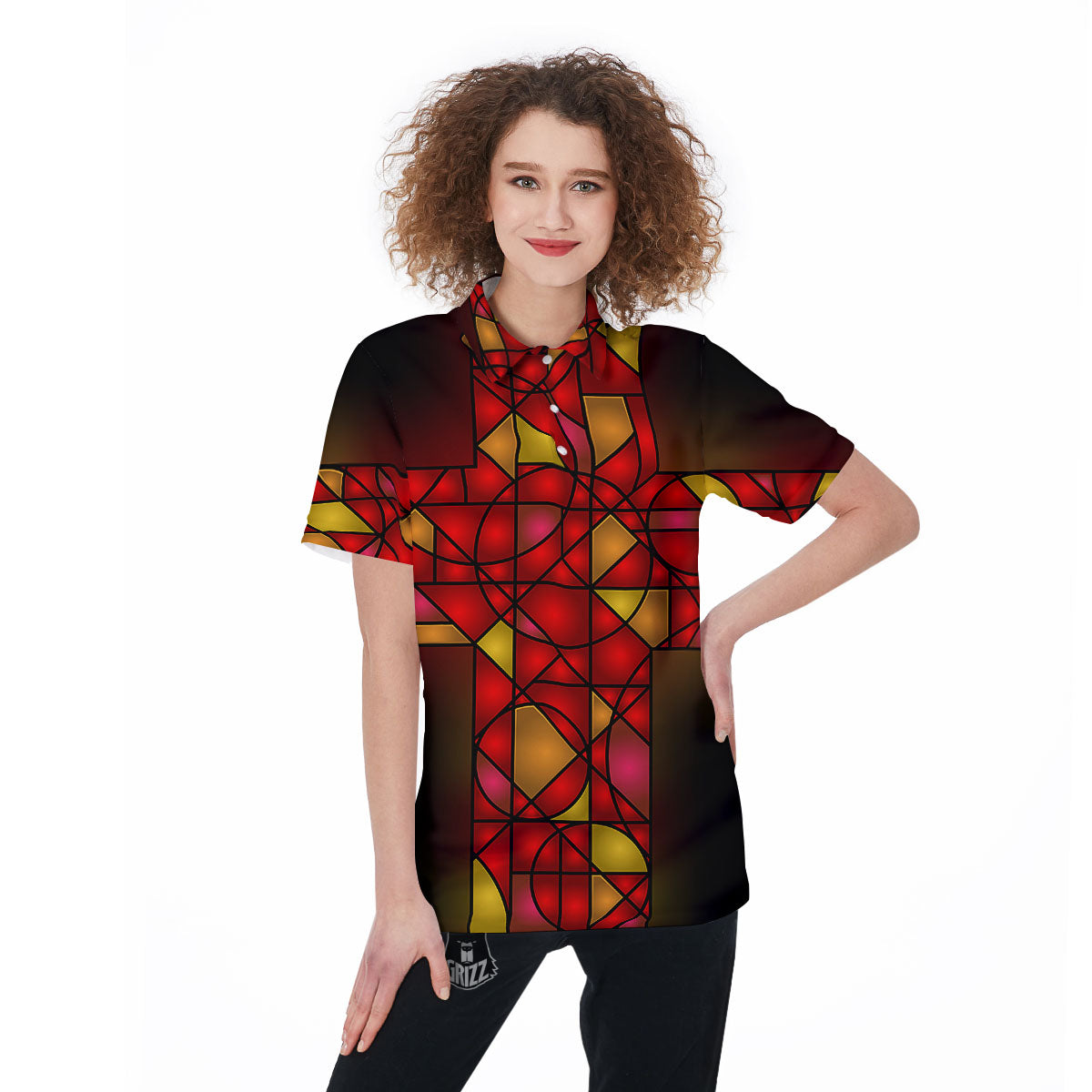 Red And Orange Cross Stained Glass Print Women's Golf Shirts-grizzshop