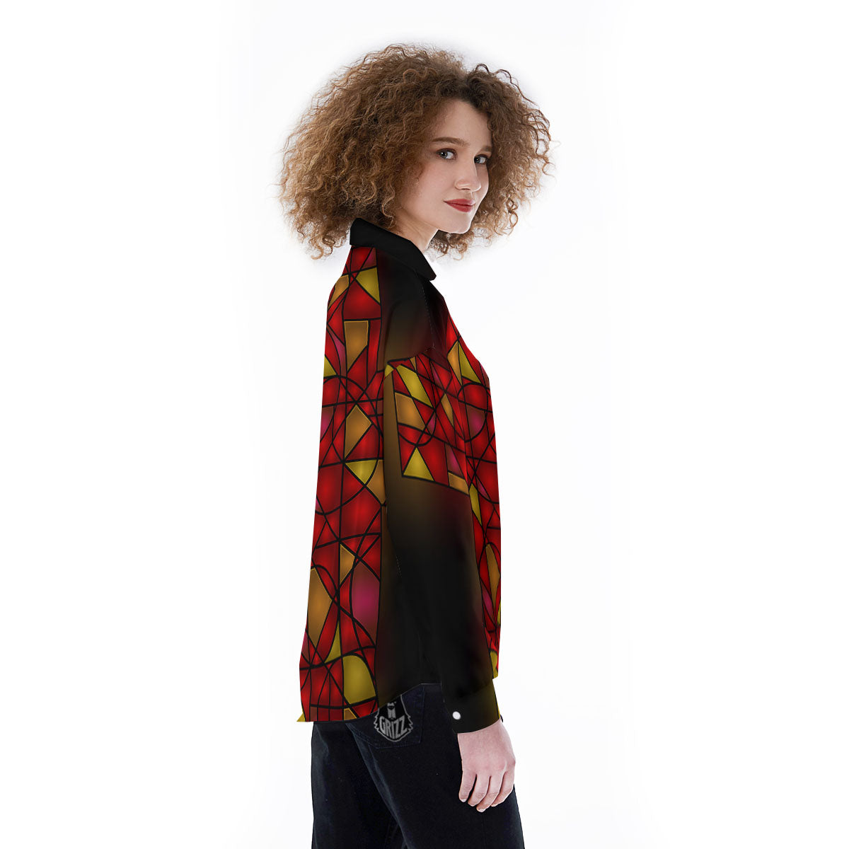 Red And Orange Cross Stained Glass Print Women's Long Sleeve Shirts-grizzshop